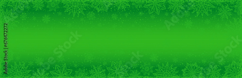 Green Christmas banner with snowflakes and stars. Merry Christmas and Happy New Year greeting banner. Horizontal new year background, headers, posters, cards, website. Vector illustration