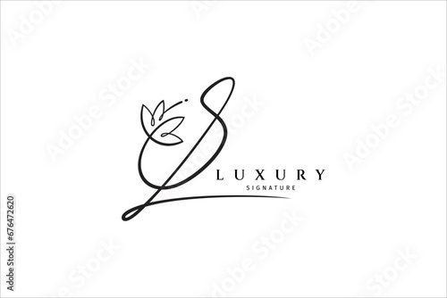 S initial letter signature logo with lotus flower shape variation. Handwriting logo template vector
