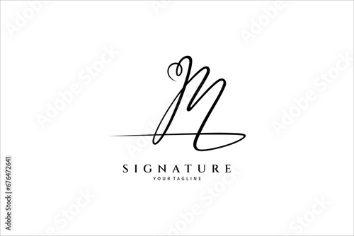 M initial letter signature logo with love or heart shape variation. Handwriting logo template vector