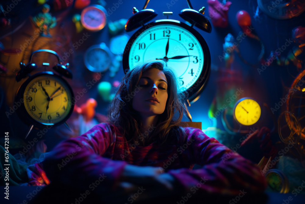A young dreamy girl sits surrounded by watches. Concept of sleep deprivation, insomnia, sleep deficiency. - obrazy, fototapety, plakaty 