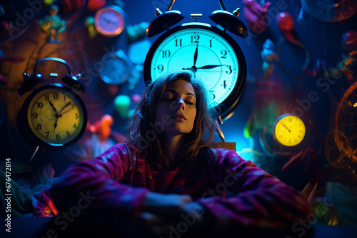 A young dreamy girl sits surrounded by watches. Concept of sleep deprivation, insomnia, sleep deficiency. photo