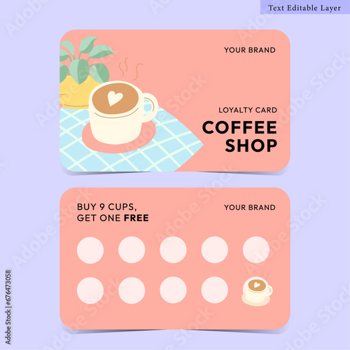 Coffee card, Loyalty card for coffee shop with correcting stamp templat, Promotion card for cafe, cute pink minimal style, Flat color, hand drawn, Buy 9 get one free, Vector illustration