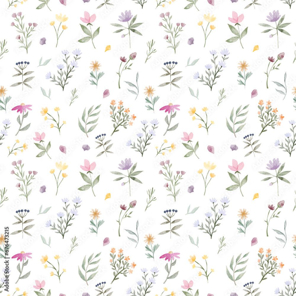 Watercolor seamless pattern with flowers on a white background. Botanical plants, flower garden, delicate shades of flowers, green leaves, petals, bouquet of flowers for design.