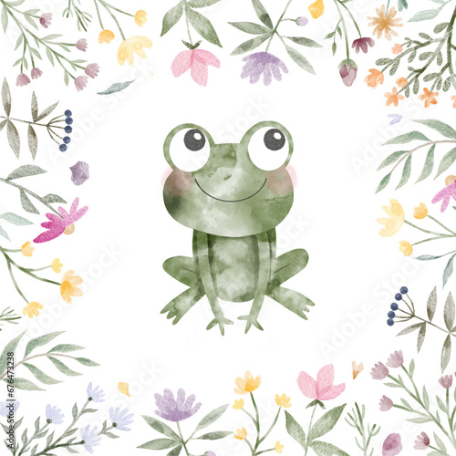 Watercolor illustration of a cute green frog with big eyes. A frog in a flower garden. Funny amphibian character. Illustration for postcards, posters. © Natasha
