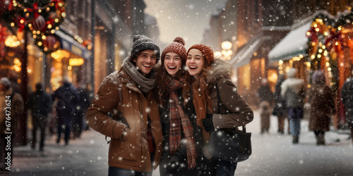 Joyful friends celebrating outdoors the christmas season on a snowy street with festive decorations and twinkling lights, perfect for creating a seasonal banner