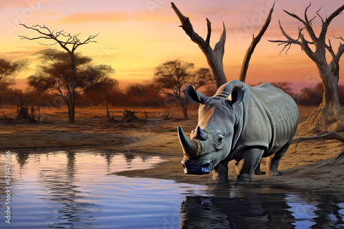 Rhinoceros drinking water in a pond at sunset  Africa  AI Generated