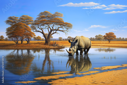 Rhinoceros drinking water in a pond, Africa, AI Generated