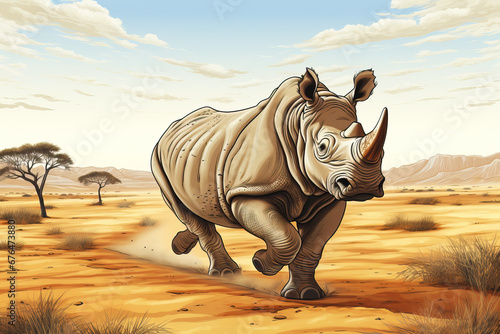 Rhinoceros running over sand  Africa  AI Generated