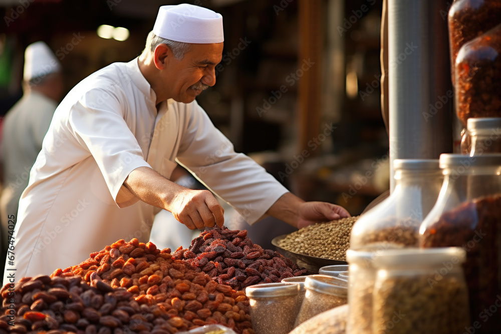 Middle-Eastern man selling dried foods at market.
