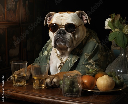 bulldog in festive clothes and a gold chain, sunglasses sits with two glasses of drink in a bar or office. Celebration concept © FAB.1