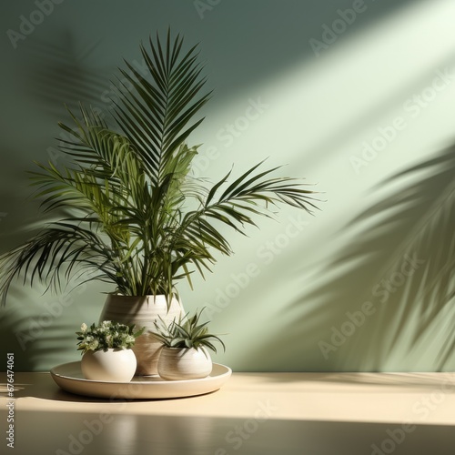 minimalistic wall with pasteln color, plants with beautiful shadows from palm leaves, indoor decoration