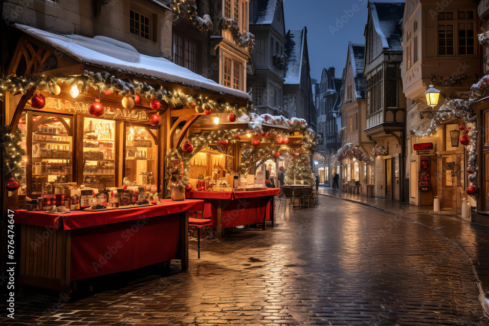 Cozy streets of a European city on a winter evening with Christmas decorations, garlands and holiday shops