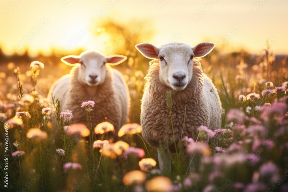 Fototapeta premium Meadow with sheep and flowering grass