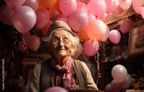 Congratulations to grandma on her anniversary, Lots of balloons and an elderly lady in a cap and blouse.