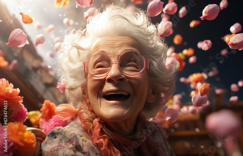 pretty-looking, excited grandmother, an elderly woman with curls and glasses, against the background of flowering, petals and bright, light colors are scattered. Madame looks up joyfully.