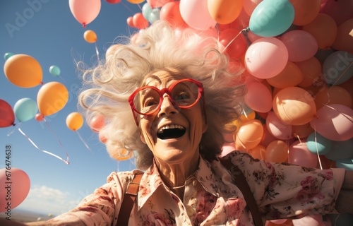 crazy-looking, excited elderly woman with curls and glasses against a background of multi-colored balloons, bright light colors. Madame looks up joyfully. © FAB.1