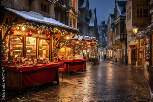 Cozy streets of a European city on a winter evening with Christmas decorations, garlands and holiday shops