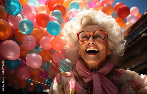 A joyful, excited grandmother, an elderly woman with curls and pink glasses against the background of multi-colored balloons, bright light colors. Madame looks up joyfully.
