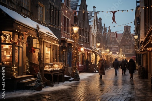 people walk through a Christmas market with garlands in a European city