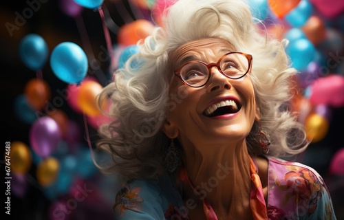 elegant elderly grandmother with curls and pink glasses against a background of multi-colored balloons, bright light colors. Madame looks up joyfully.