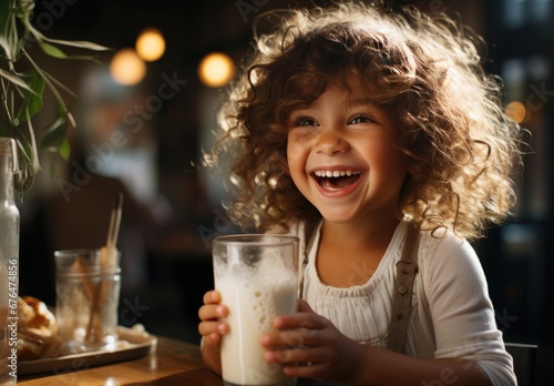A little girl with curls drinks a milkshake through a straw in a cozy cafe. photo