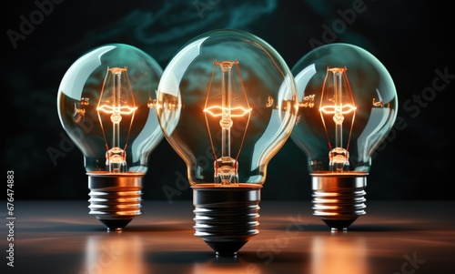 Three lit Edison incandescent light bulbs on a dark background