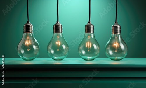 four standard incandescent light bulbs on wires against a turquoise wall background