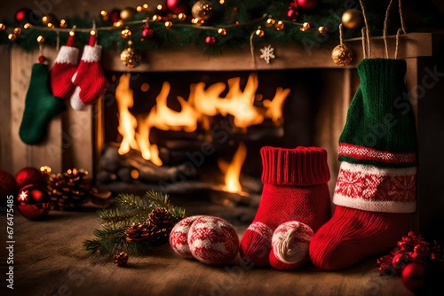 A pair of cozy  knitted Christmas  hanging by the fireplace  ready for Santa s surprises. --