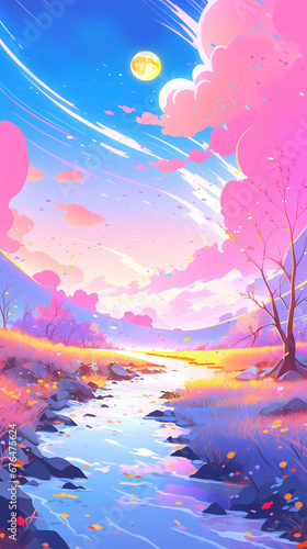 Hand drawn anime beautiful fantasy landscape illustration background  