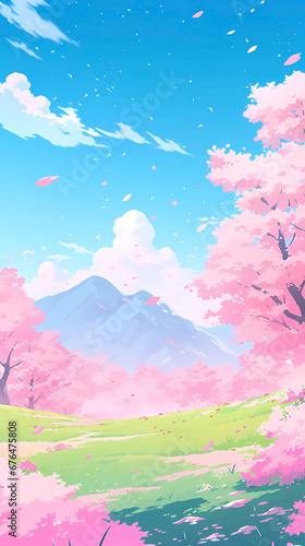 Hand drawn anime beautiful fantasy landscape illustration background  