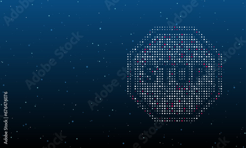 On the right is the stop road symbol filled with white dots. Background pattern from dots and circles of different shades. Vector illustration on blue background with stars