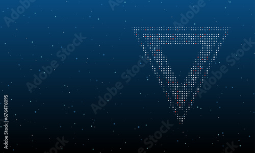 On the right is the give way symbol filled with white dots. Background pattern from dots and circles of different shades. Vector illustration on blue background with stars