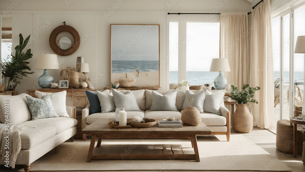 A coastal-inspired living room with a neutral color palette, light wooden furniture, and nautical accents for a relaxed beachy vibe.