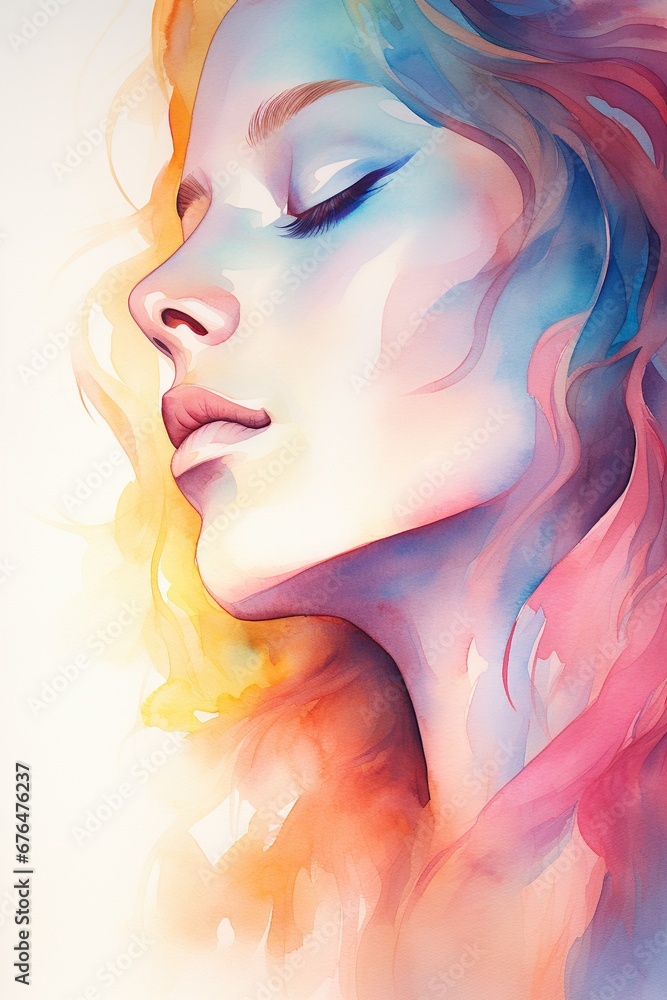 Women faces watercolor illustration, horizontal copy space on pastel  background