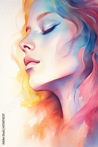 Women faces watercolor illustration, horizontal copy space on pastel  background