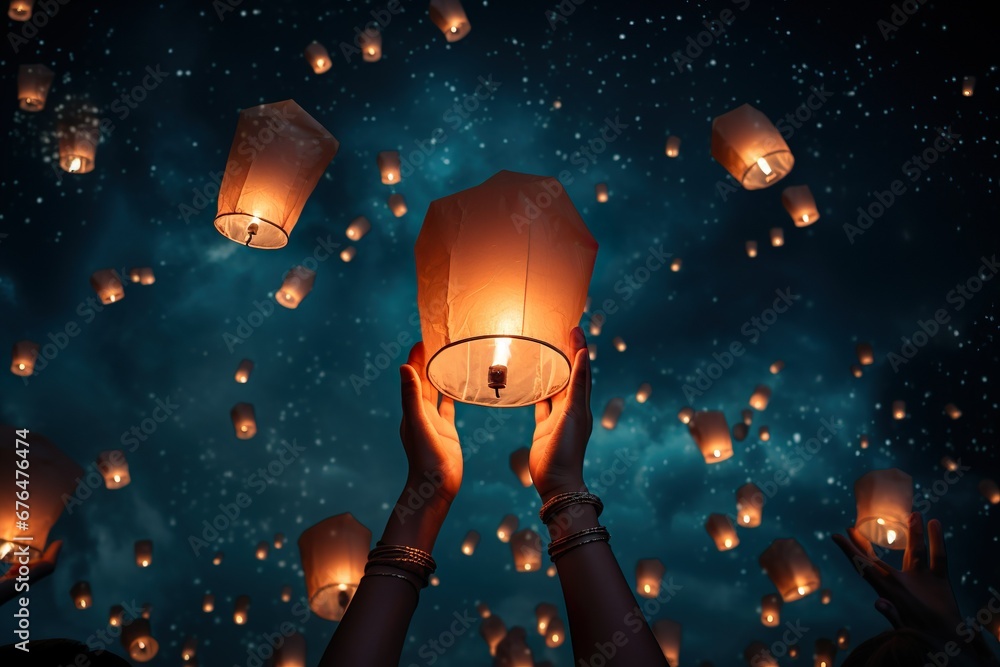 lantern release lights up the sky. Cultural tradition. Stock