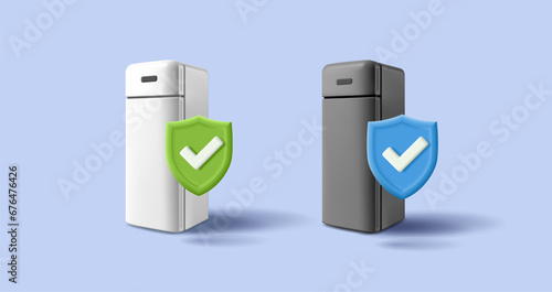 Black and white 3D home refrigerator with a shield and a checkmark. For new technology concepts in electronics, better storage and protection of your products from spoilage.