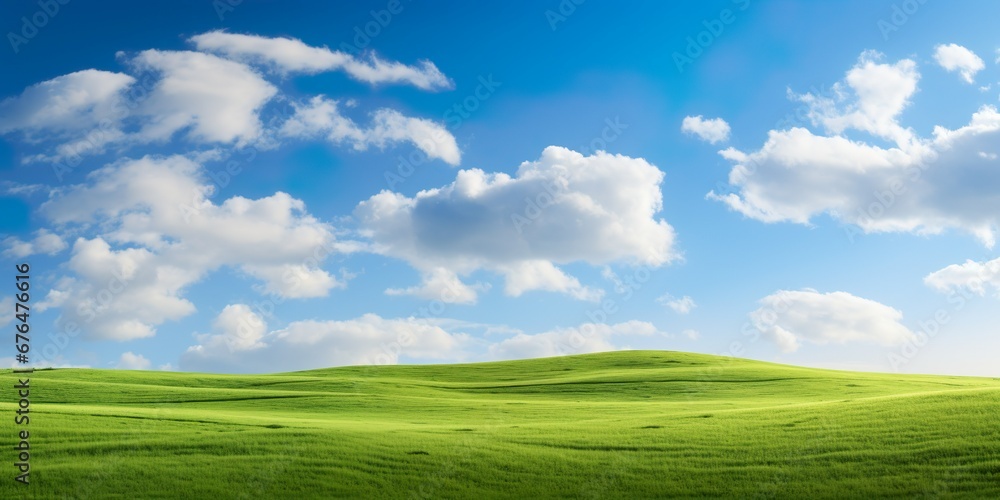 Grassy hills under blue sky with clouds - obrazy, fototapety, plakaty 