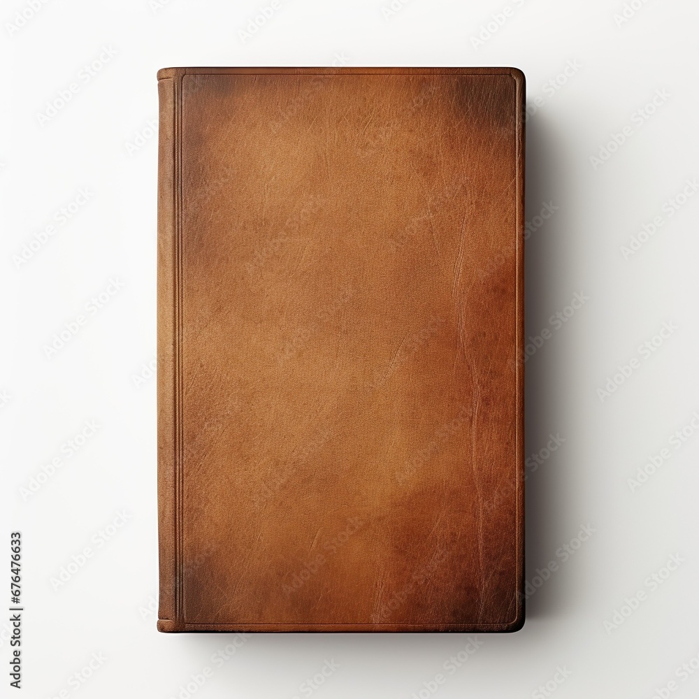 Book in leather cover on white background - obrazy, fototapety, plakaty 