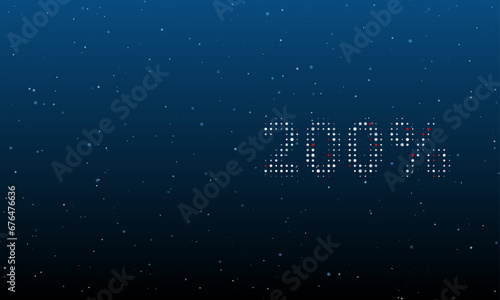 On the right is the 200 percent symbol filled with white dots. Background pattern from dots and circles of different shades. Vector illustration on blue background with stars