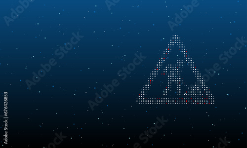 On the right is the road work symbol filled with white dots. Background pattern from dots and circles of different shades. Vector illustration on blue background with stars