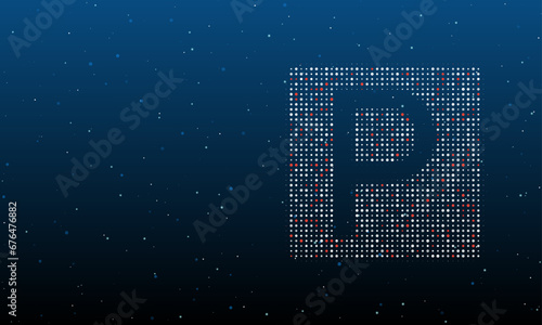 On the right is the road parking symbol filled with white dots. Background pattern from dots and circles of different shades. Vector illustration on blue background with stars