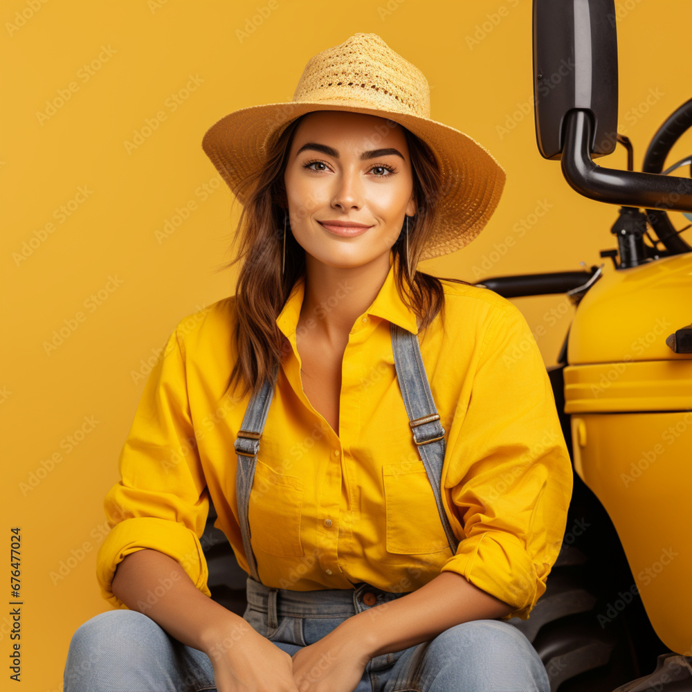 Farmer woman on her tractor on a yellow background. Farmer woman on her tractor on a yellow background.