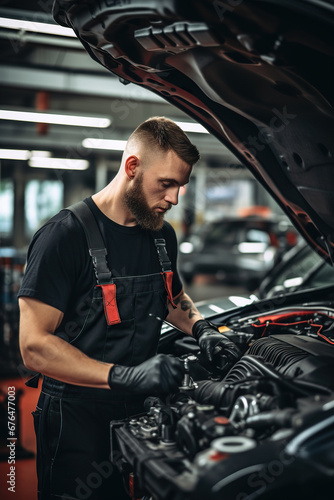 An auto mechanic working on car in mechanics garage. Repair service. Car mechanic working at automotive service center © AI_images