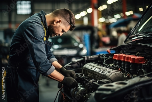 An auto mechanic working on car in mechanics garage. Repair service. Car mechanic working at automotive service center