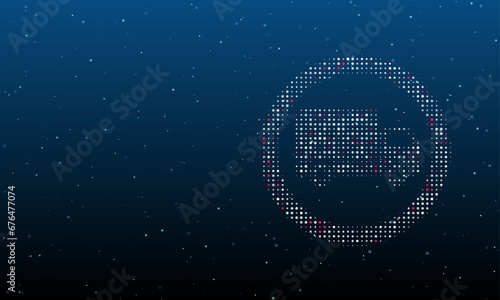 On the right is the truck traffic symbol filled with white dots. Background pattern from dots and circles of different shades. Vector illustration on blue background with stars