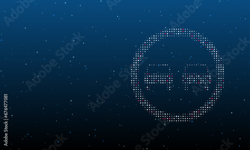 On the right is the no overtaking symbol filled with white dots. Background pattern from dots and circles of different shades. Vector illustration on blue background with stars