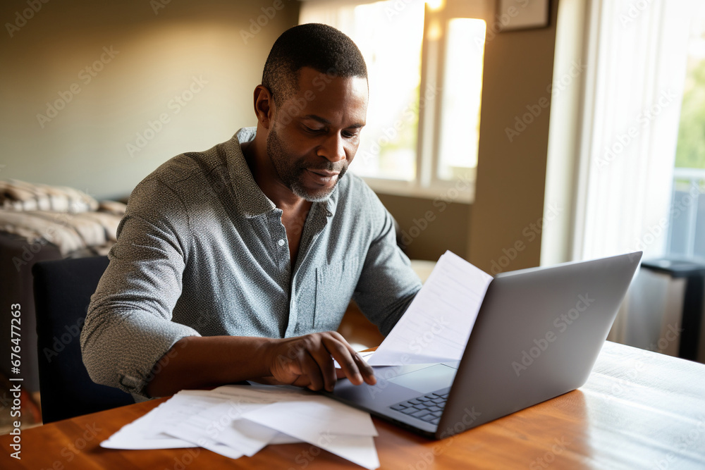 Fototapeta premium Black man with disability checking his medical documents and filling form on laptop