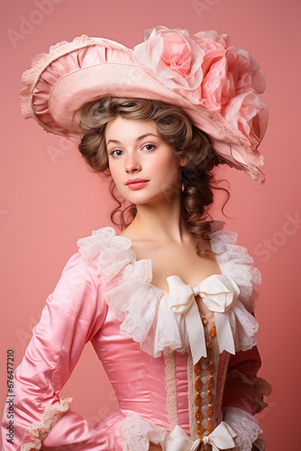 Beautiful Woman Dressed as a Member of the 1700's French Royal Court on studio pink background