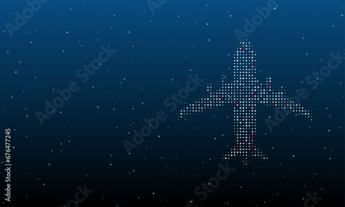 On the right is the airplane symbol filled with white dots. Background pattern from dots and circles of different shades. Vector illustration on blue background with stars
